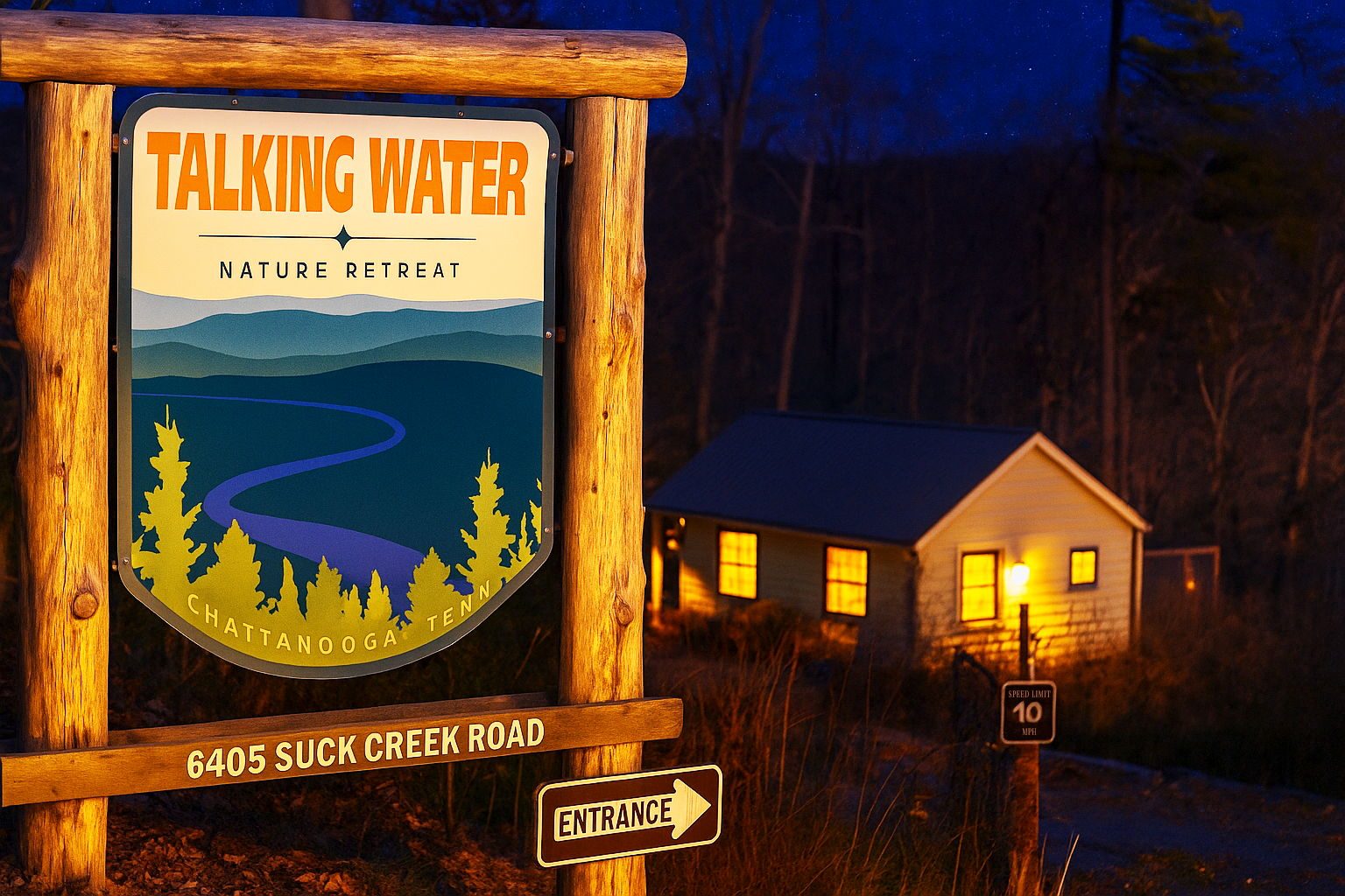 The Talking Water Nature Retreat sign and a cabin glowing at dusk